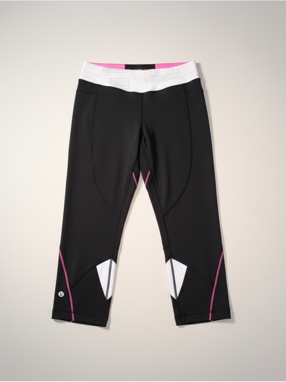 Lululemon Black Crop Leggings Pink & White Detail Size 10